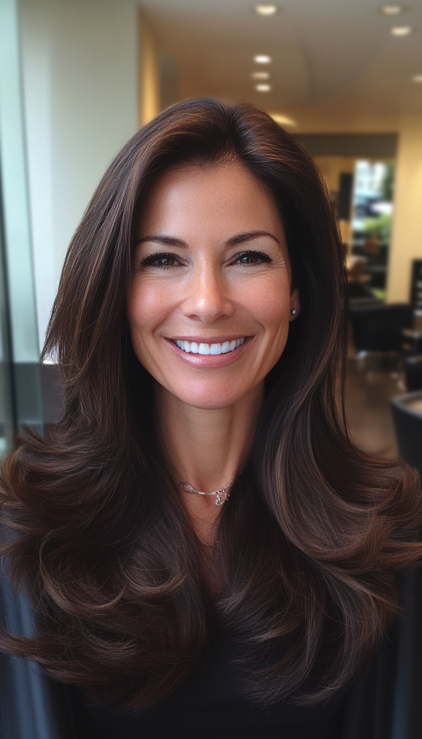 5. Dark Chocolate Sleek Style (Long Hairstyles For Women Over 40) - Long Hairstyles For Women Over 40