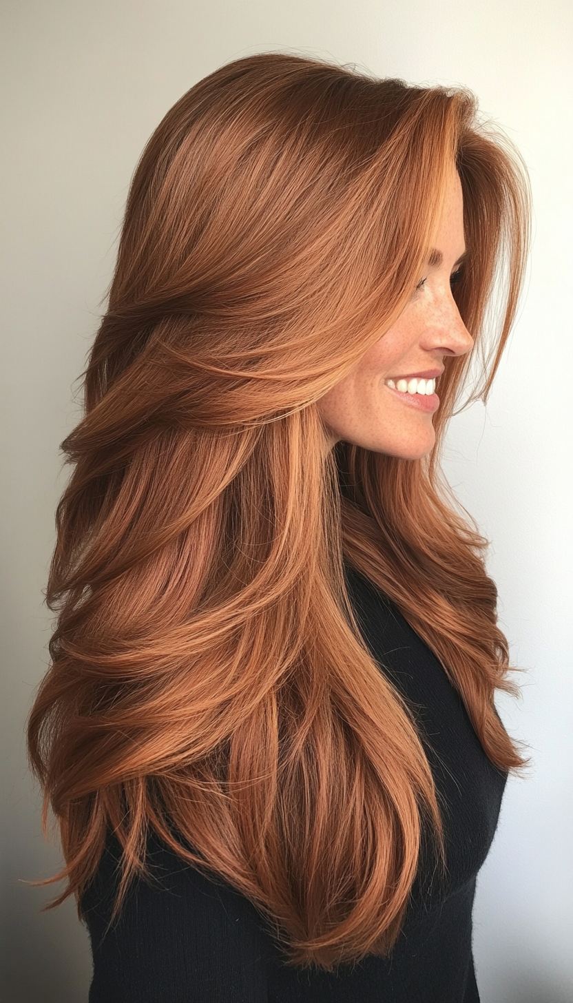 7. Chestnut with Feathered Ends (Long Hairstyles For Women Over 40) - Long Hairstyles For Women Over 40