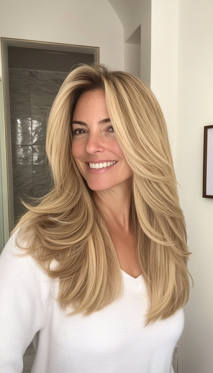 8. Honey Blonde Curtain Layers (Long Hairstyles For Women Over 40) - Long Hairstyles For Women Over 40