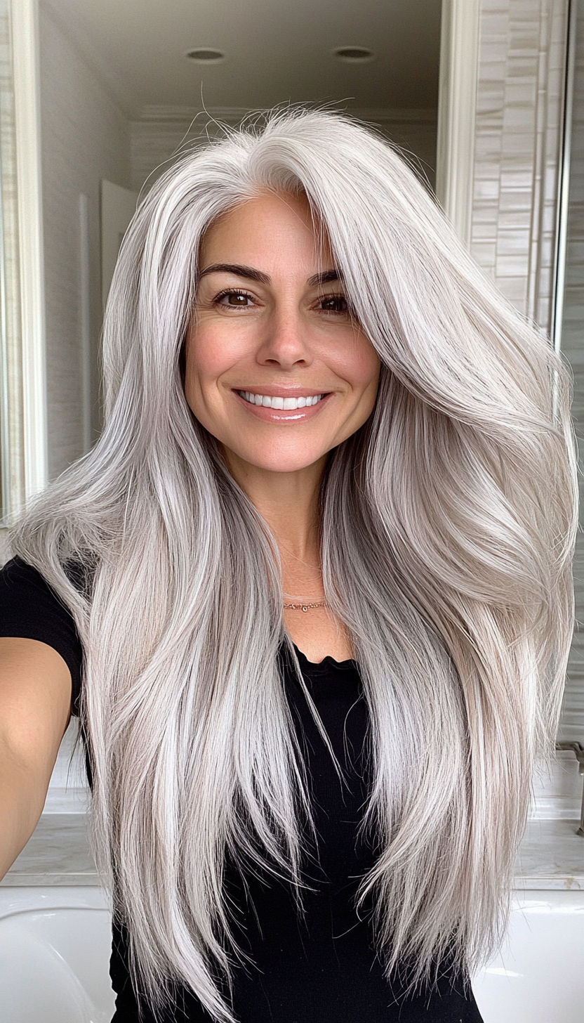9. Silver Cascade Layers (Long Hairstyles For Women Over 40) - Long Hairstyles For Women Over 40