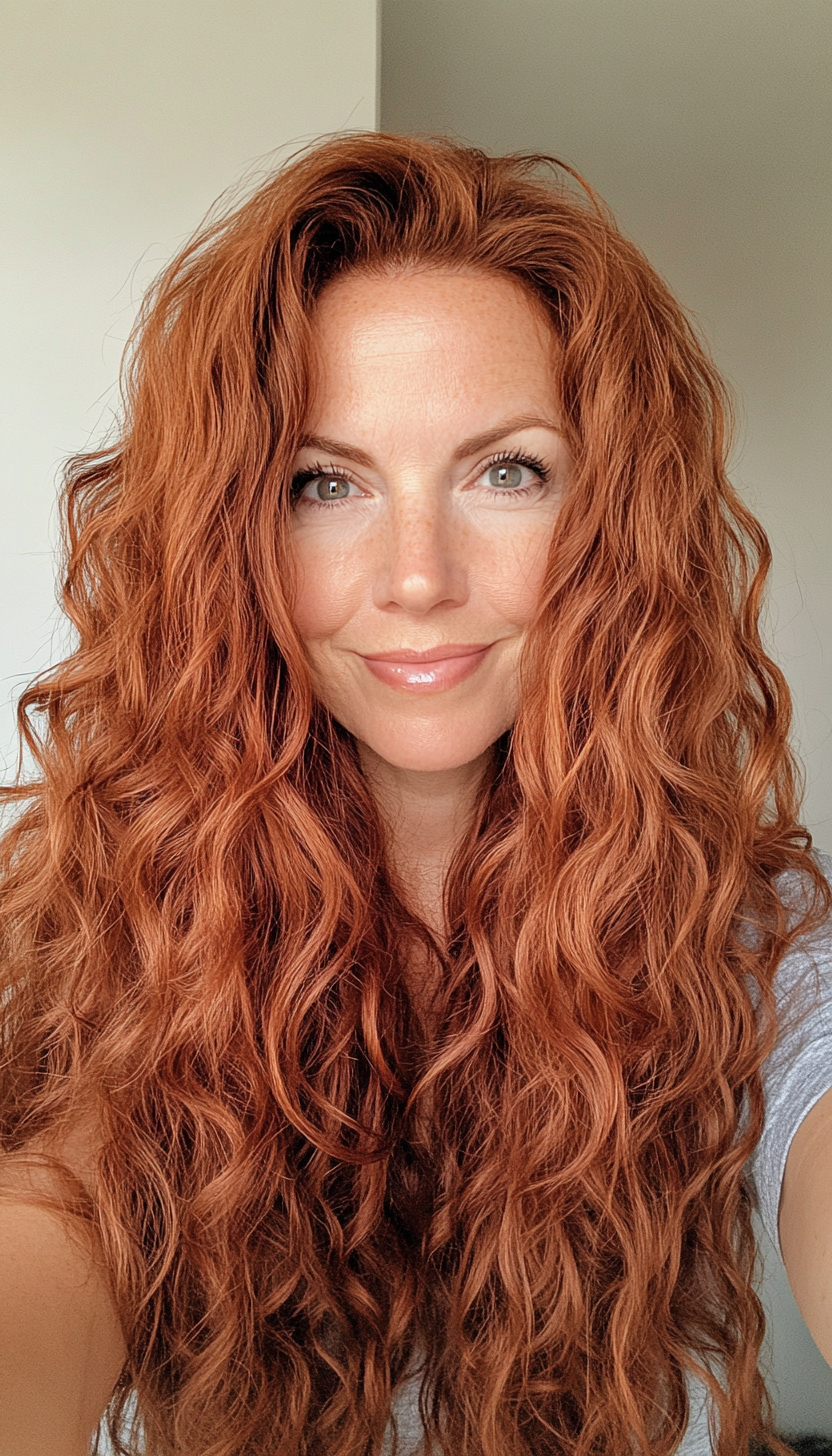 10. Rich Auburn with Long Curls (Long Hairstyles For Women Over 40) - Long Hairstyles For Women Over 40