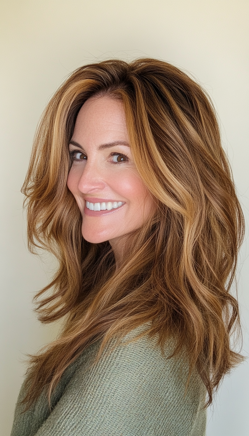 12. Golden Brown Textured Layers (Long Hairstyles For Women Over 40) - Long Hairstyles For Women Over 40
