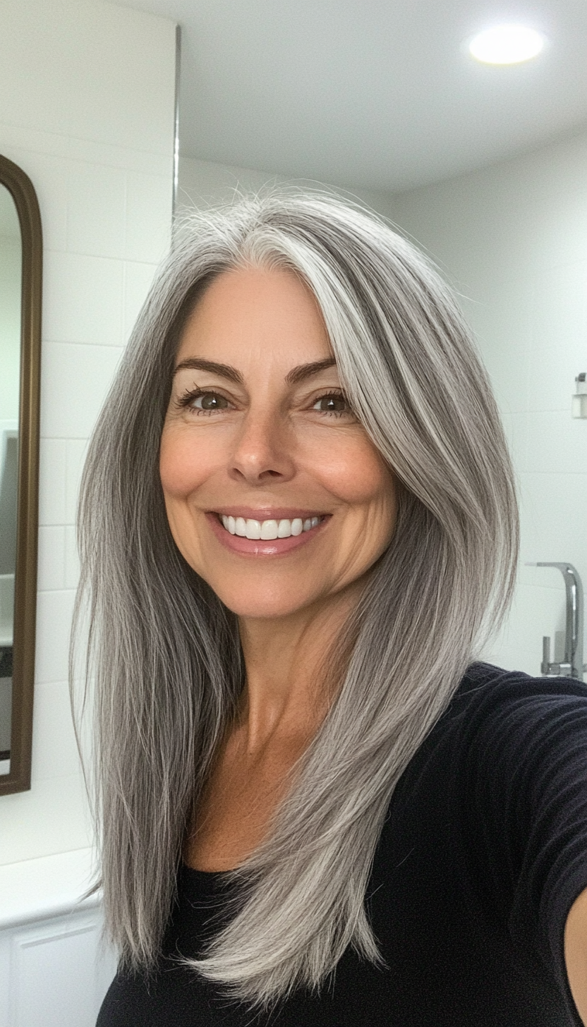 13. Natural Gray with Tapered Ends (Long Hairstyles For Women Over 40) - Long Hairstyles For Women Over 40