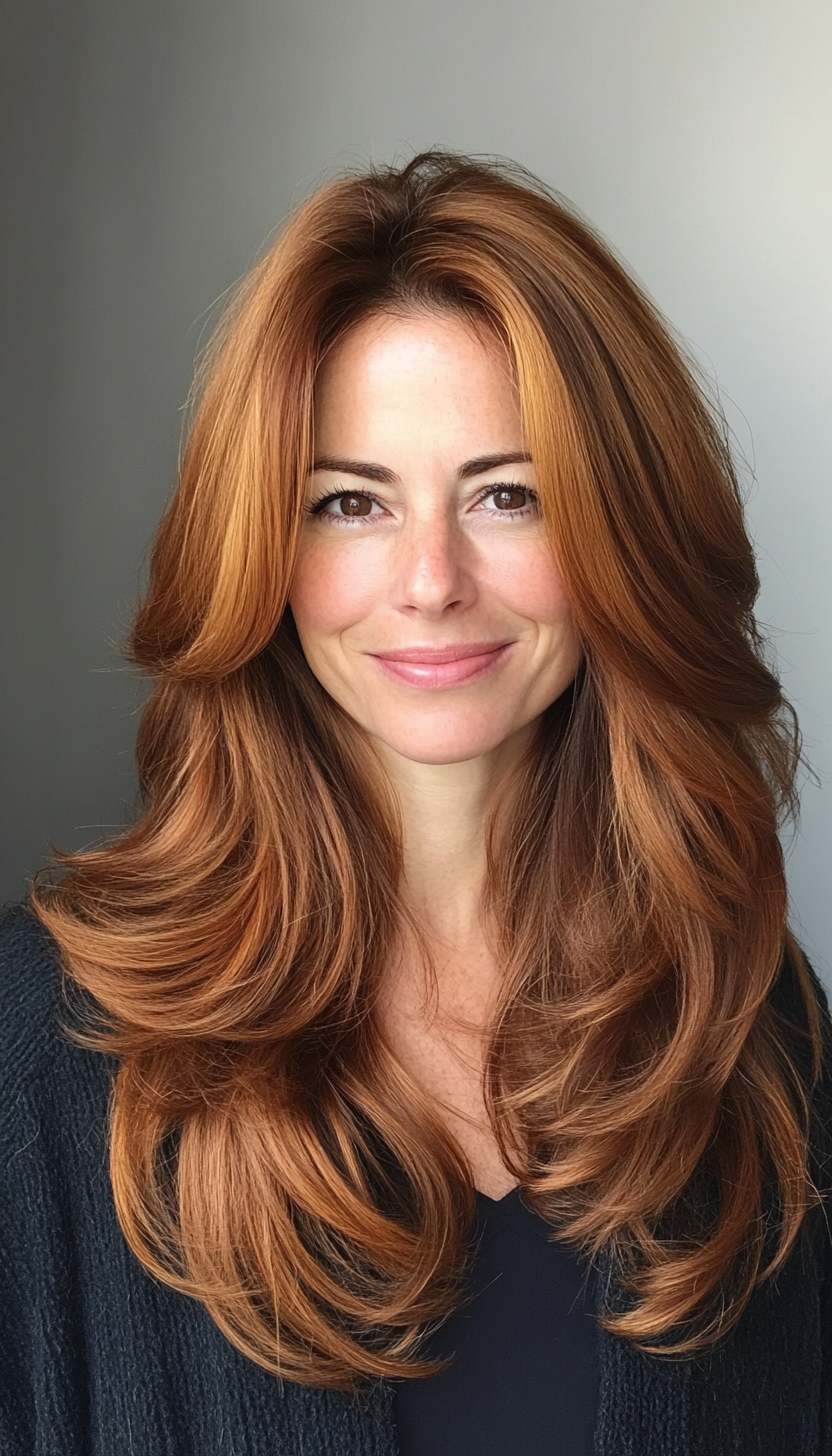 18. Copper Balayage on Long Layers (Long Hairstyles For Women Over 40) - Long Hairstyles For Women Over 40