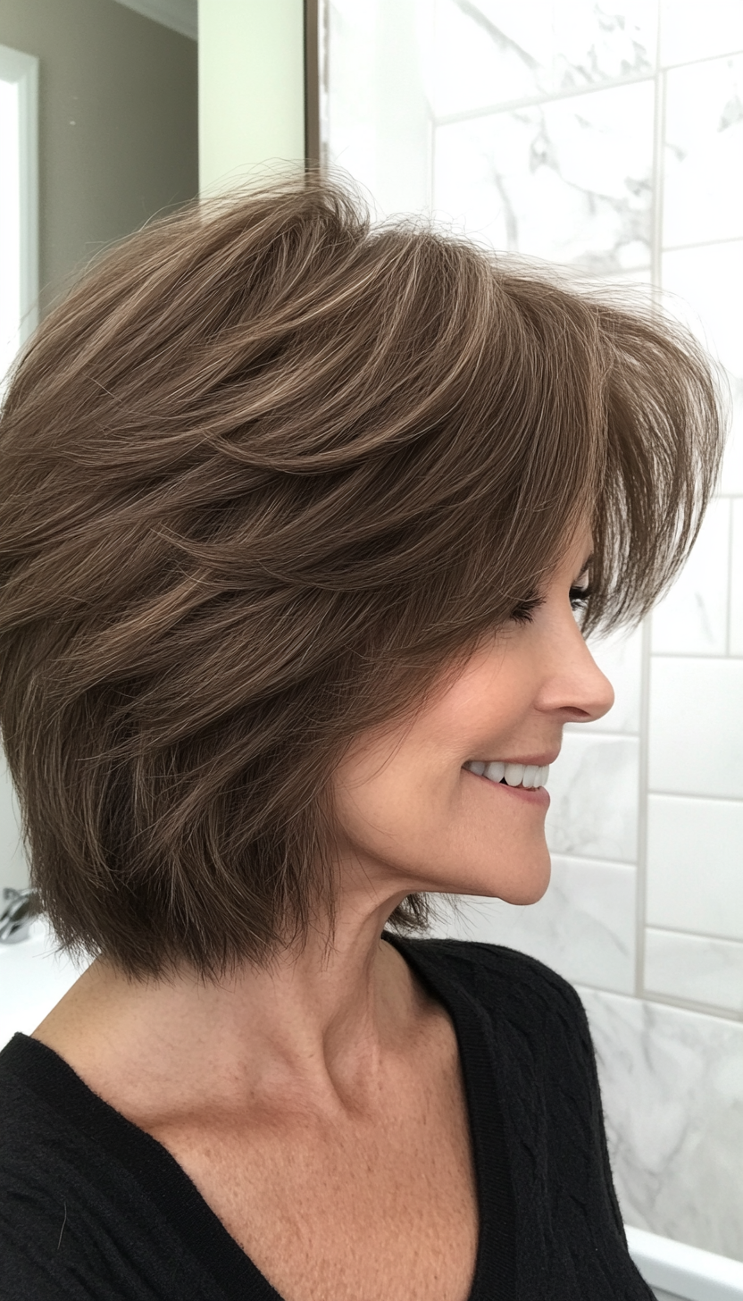 1. Classic Ash Brown Shag with Feathered Bangs (Short Shag Haircuts With Bangs For Older Women) - Short Shag Haircuts With Bangs For Older Women