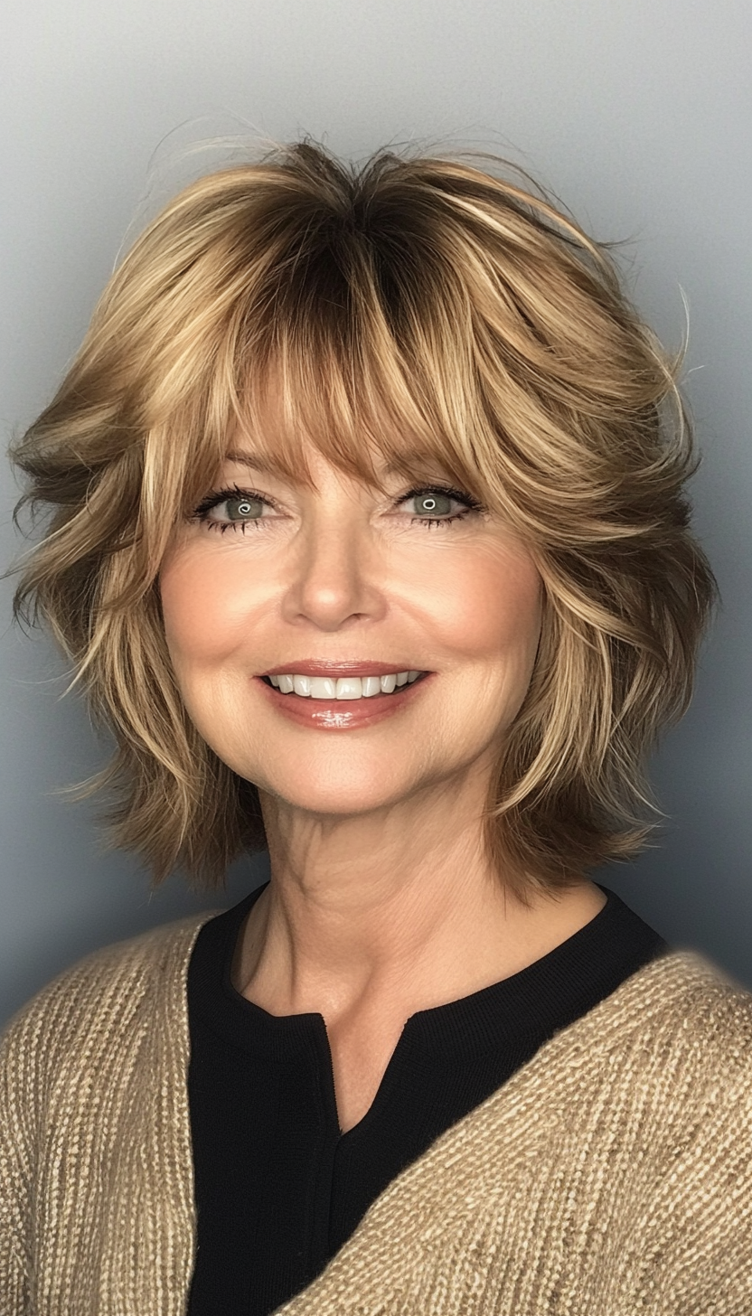 2. Warm Honey Blonde Shag with Curtain Bangs (Short Shag Haircuts With Bangs For Older Women) - Short Shag Haircuts With Bangs For Older Women