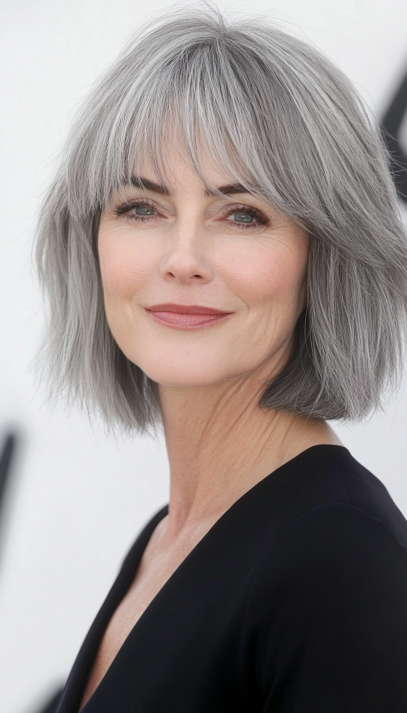 3. Chin-Length Charcoal Gray Shag (Short Shag Haircuts With Bangs For Older Women) - Short Shag Haircuts With Bangs For Older Women