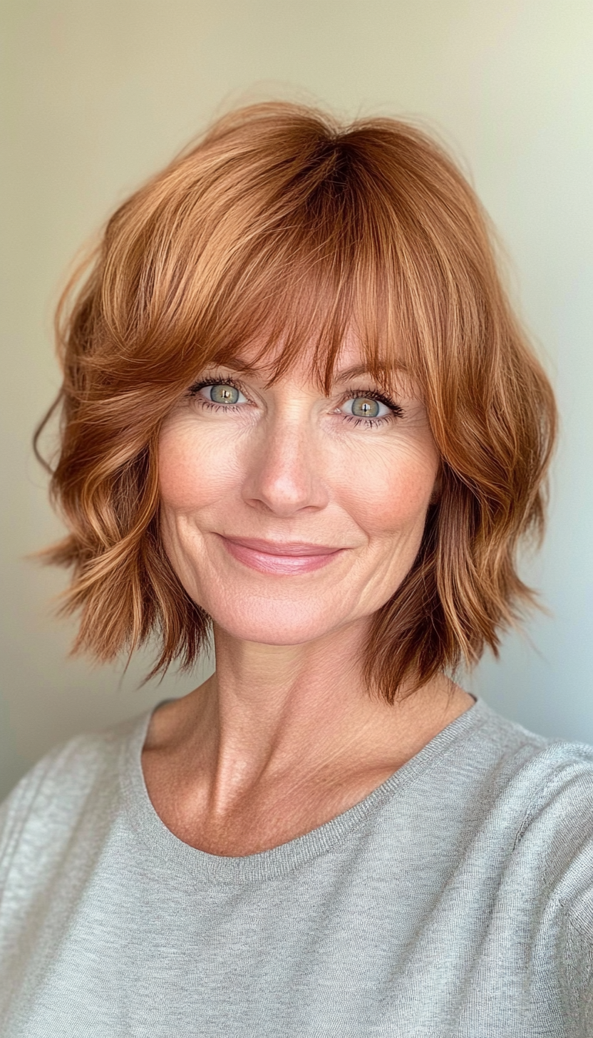 4. Golden Chestnut Shag with Rounded Layers (Short Shag Haircuts With Bangs For Older Women) - Short Shag Haircuts With Bangs For Older Women
