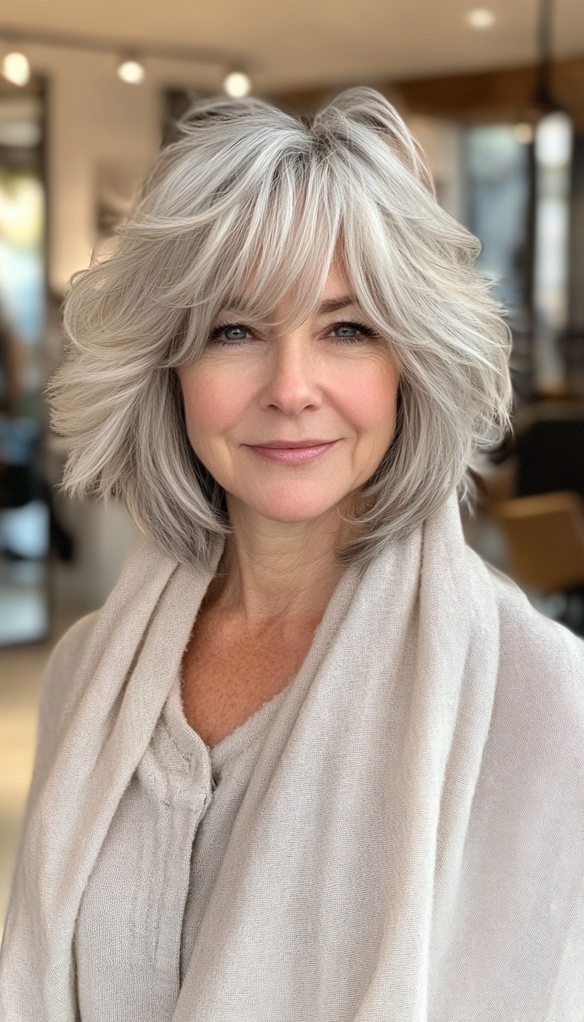 5. Soft Silver Shag with Long Tapered Bangs (Short Shag Haircuts With Bangs For Older Women) - Short Shag Haircuts With Bangs For Older Women