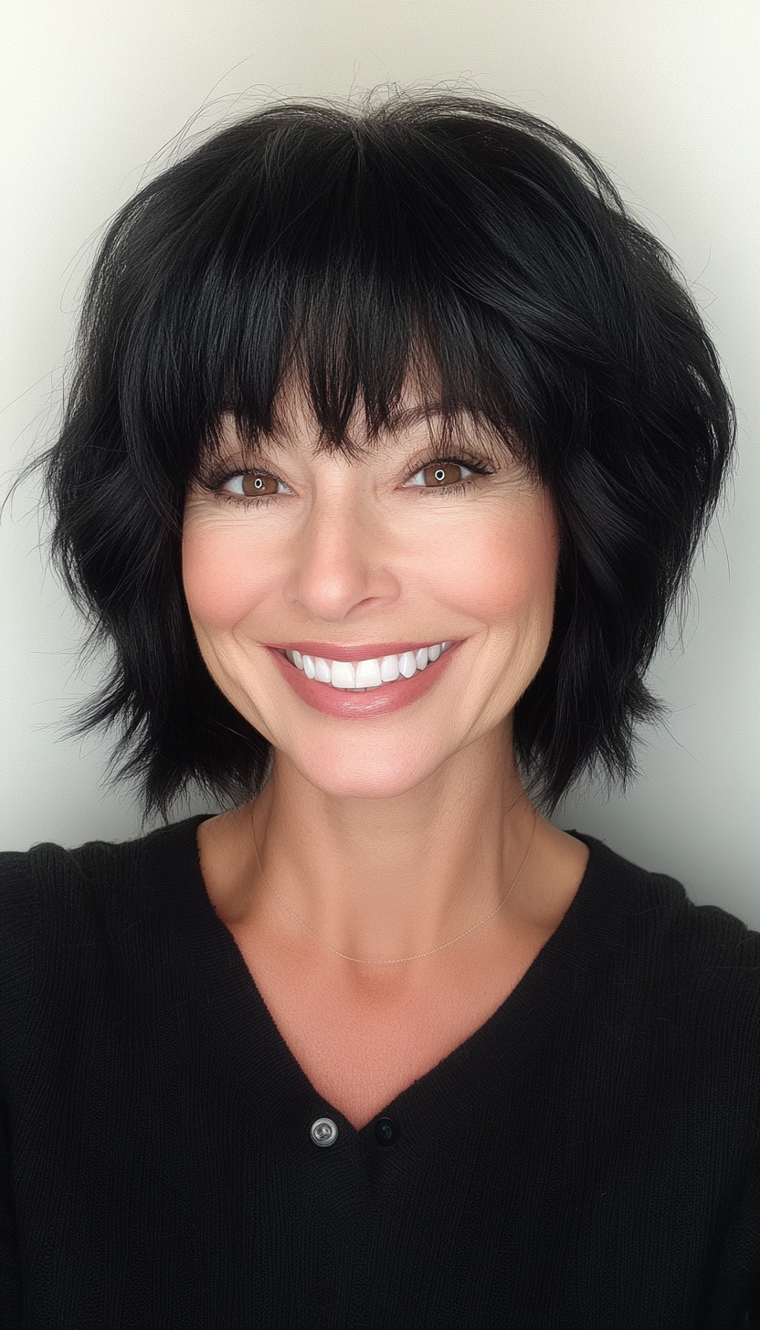 6. Jet Black Layered Shag with Micro Bangs (Short Shag Haircuts With Bangs For Older Women) - Short Shag Haircuts With Bangs For Older Women