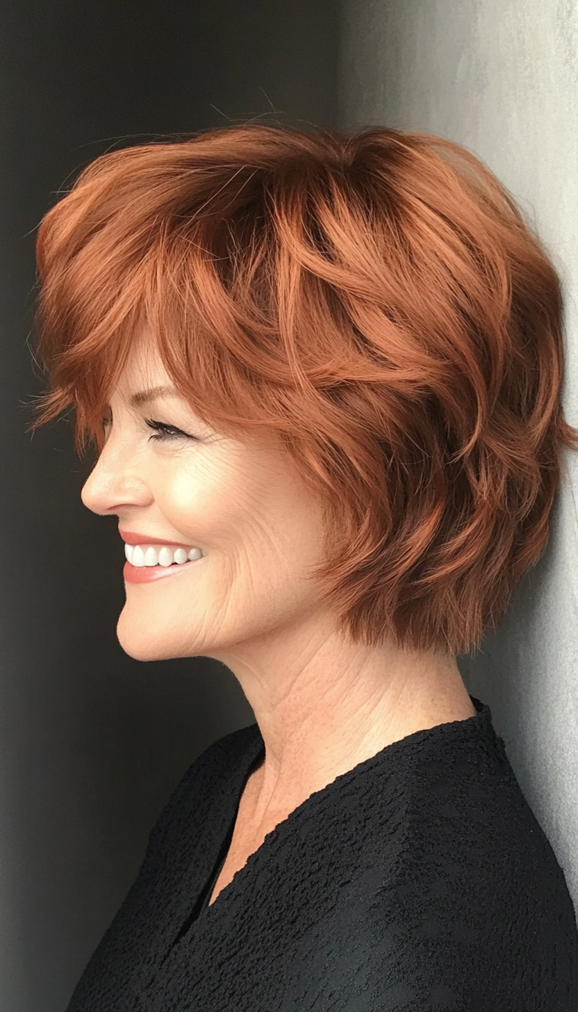 7. Warm Auburn Shag with Tousled Layers (Short Shag Haircuts With Bangs For Older Women) - Short Shag Haircuts With Bangs For Older Women