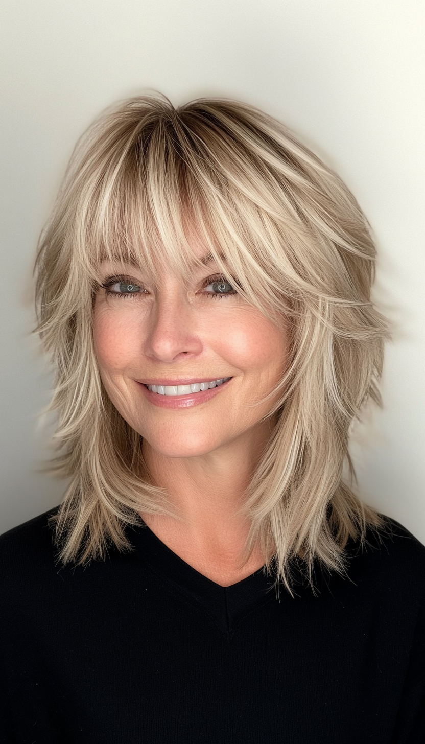 8. Cool Beige Blonde Shag with Choppy Bangs (Short Shag Haircuts With Bangs For Older Women) - Short Shag Haircuts With Bangs For Older Women