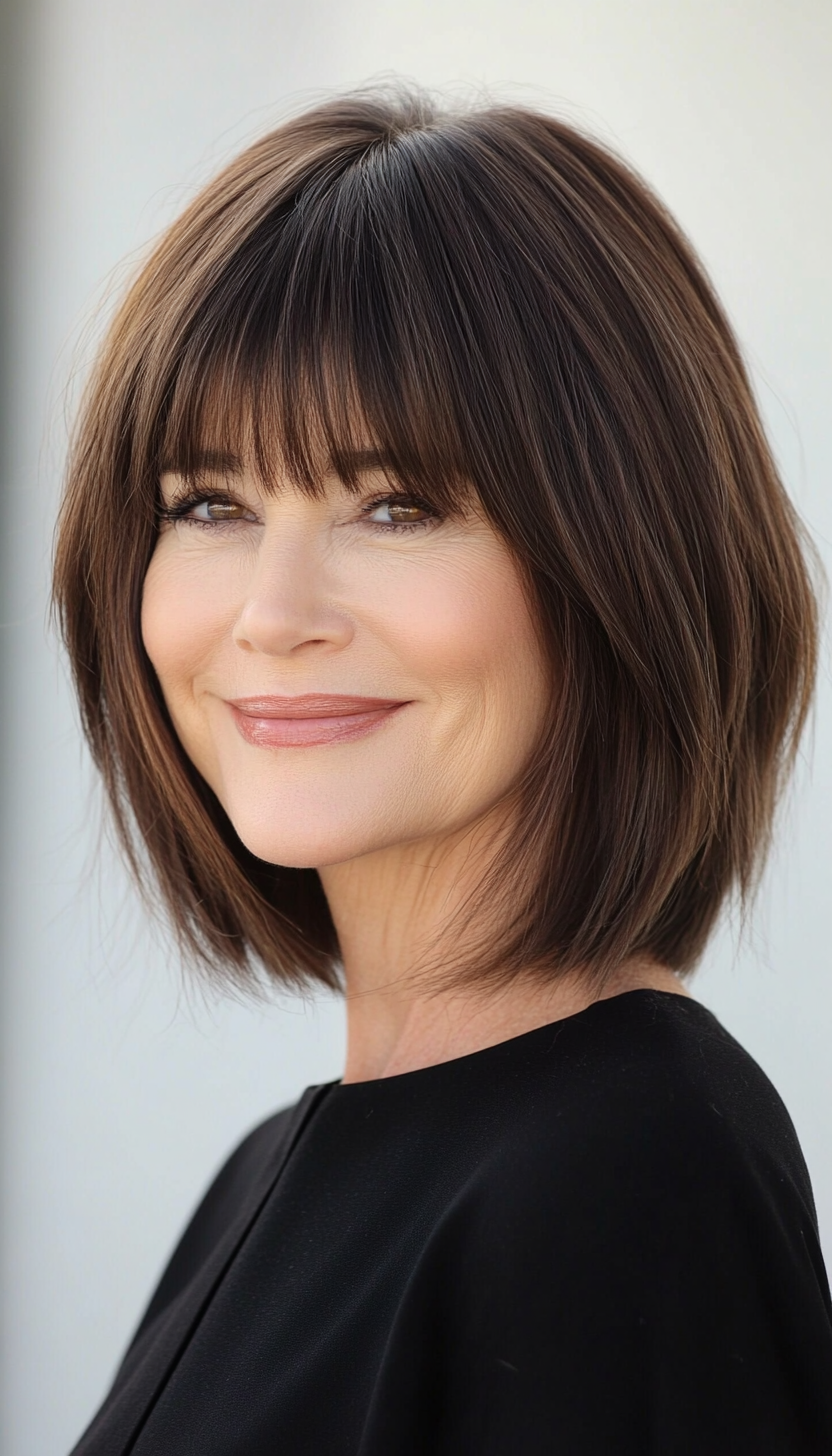 9. Rich Chocolate Brown Shag with Blunt Bangs (Short Shag Haircuts With Bangs For Older Women) - Short Shag Haircuts With Bangs For Older Women