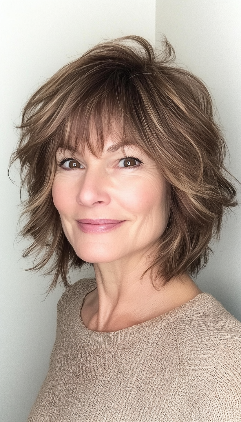 11. Soft Beige Brunette Shag with Textured Ends (Short Shag Haircuts With Bangs For Older Women) - Short Shag Haircuts With Bangs For Older Women