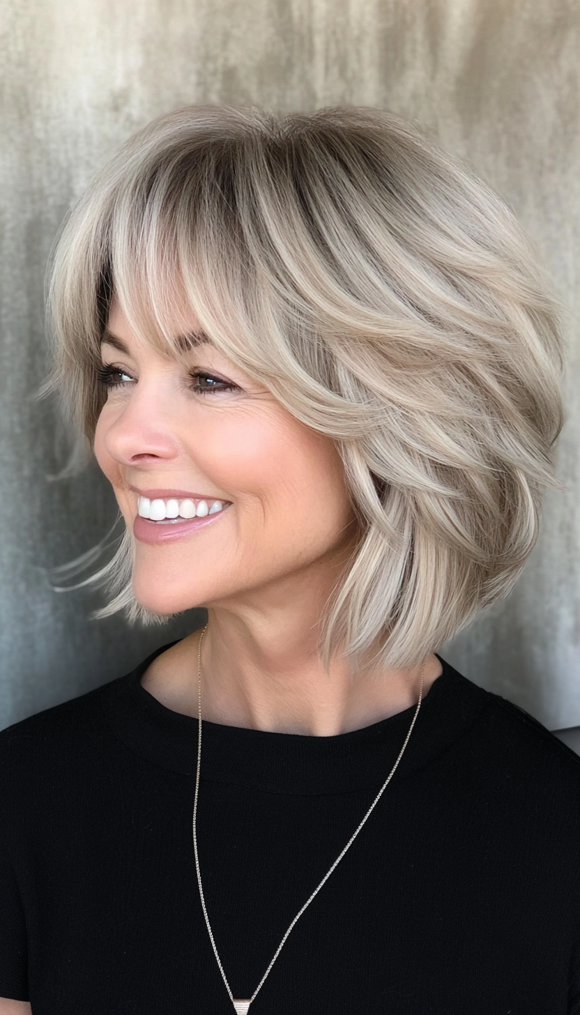 12. Light Ash Blonde Shag with Swooping Bangs (Short Shag Haircuts With Bangs For Older Women) - Short Shag Haircuts With Bangs For Older Women