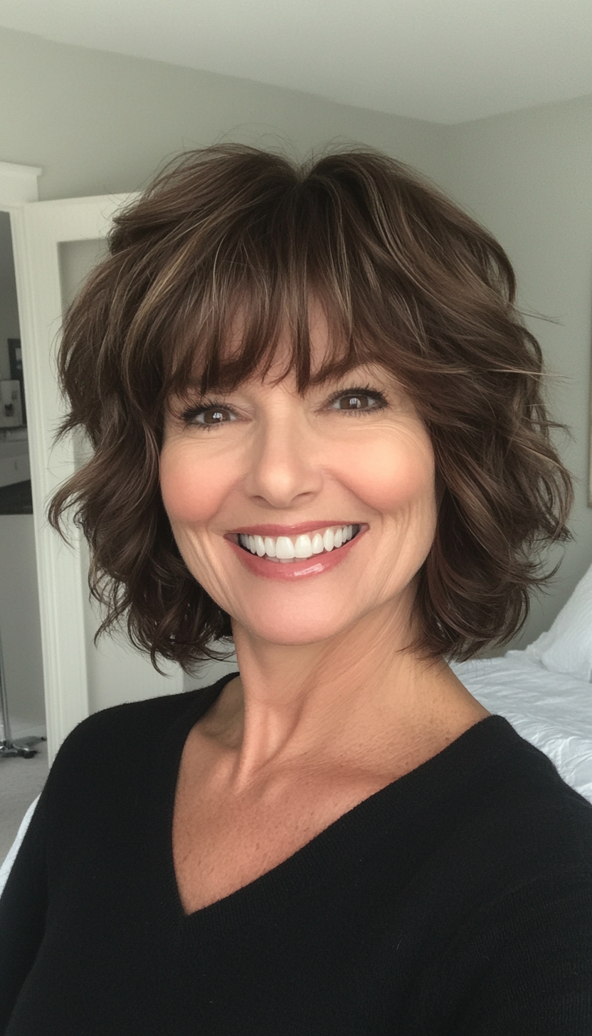 13. Natural Brunette Shag with Tapered Fringe (Short Shag Haircuts With Bangs For Older Women) - Short Shag Haircuts With Bangs For Older Women