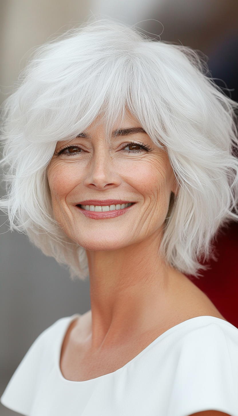 14. Snowy White Shag with Feathered Edges (Short Shag Haircuts With Bangs For Older Women) - Short Shag Haircuts With Bangs For Older Women