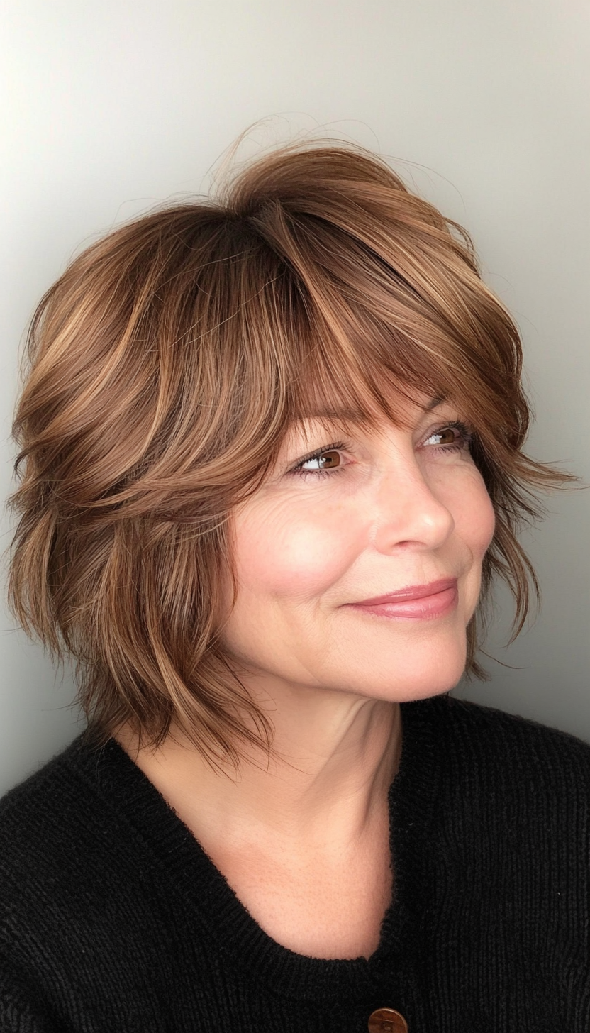15. Caramel Brown Shag with Side Bangs (Short Shag Haircuts With Bangs For Older Women) - Short Shag Haircuts With Bangs For Older Women