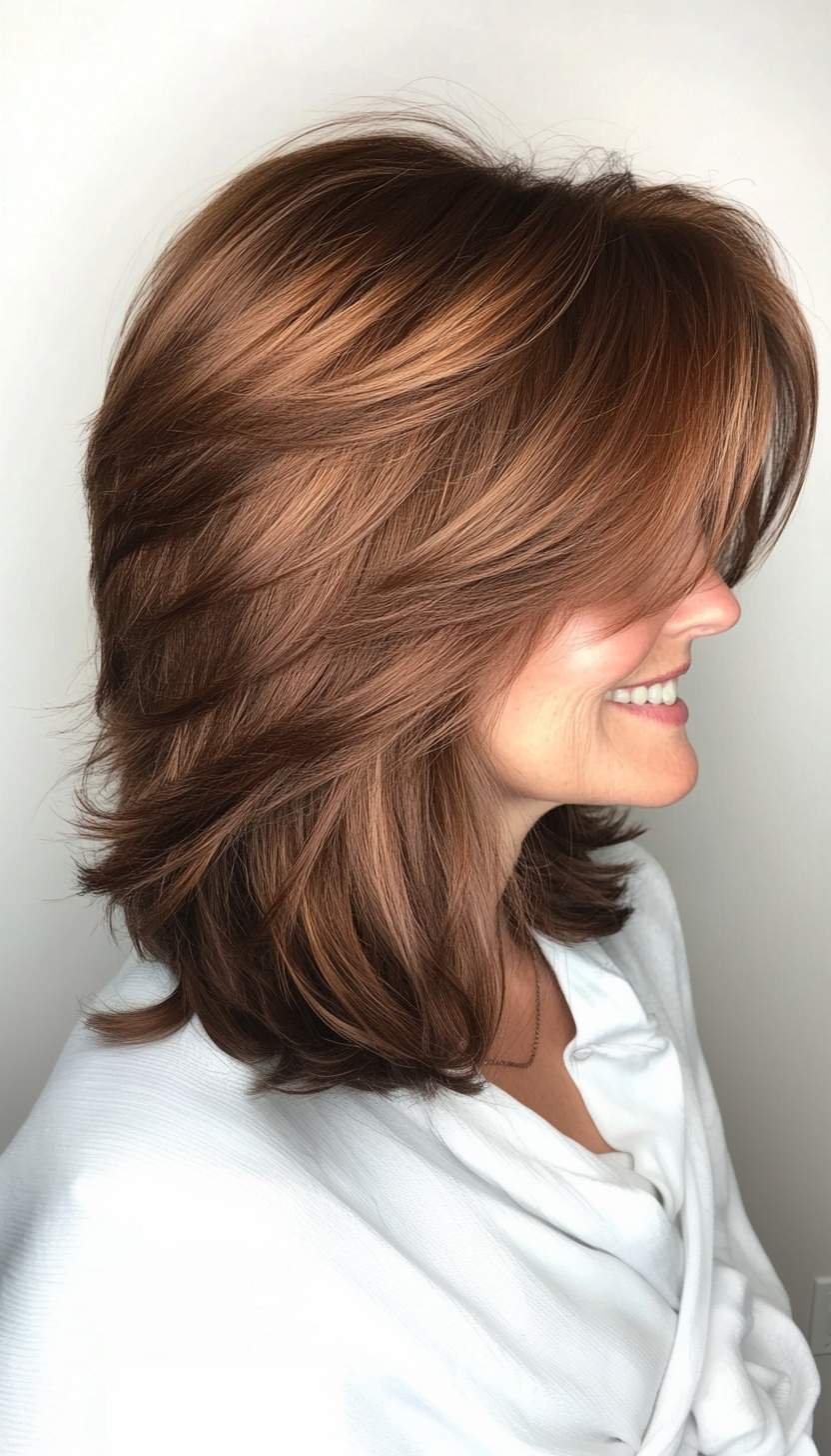 16. Chestnut Brown Shag with Layered Fringe (Short Shag Haircuts With Bangs For Older Women) - Short Shag Haircuts With Bangs For Older Women