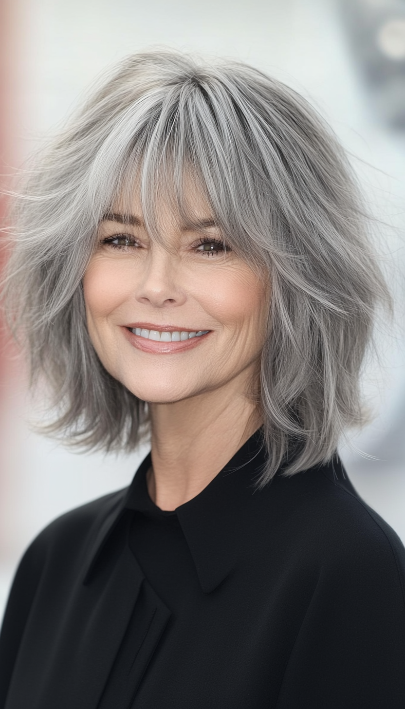 19. Neutral Gray Shag with Wispy Bangs (Short Shag Haircuts With Bangs For Older Women) - Short Shag Haircuts With Bangs For Older Women