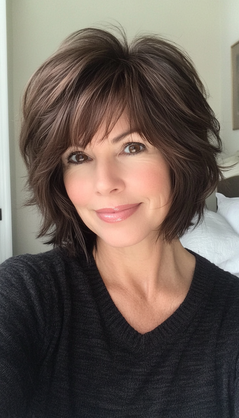 20. Espresso Brown Shag with Razor-Cut Layers (Short Shag Haircuts With Bangs For Older Women) - Short Shag Haircuts With Bangs For Older Women