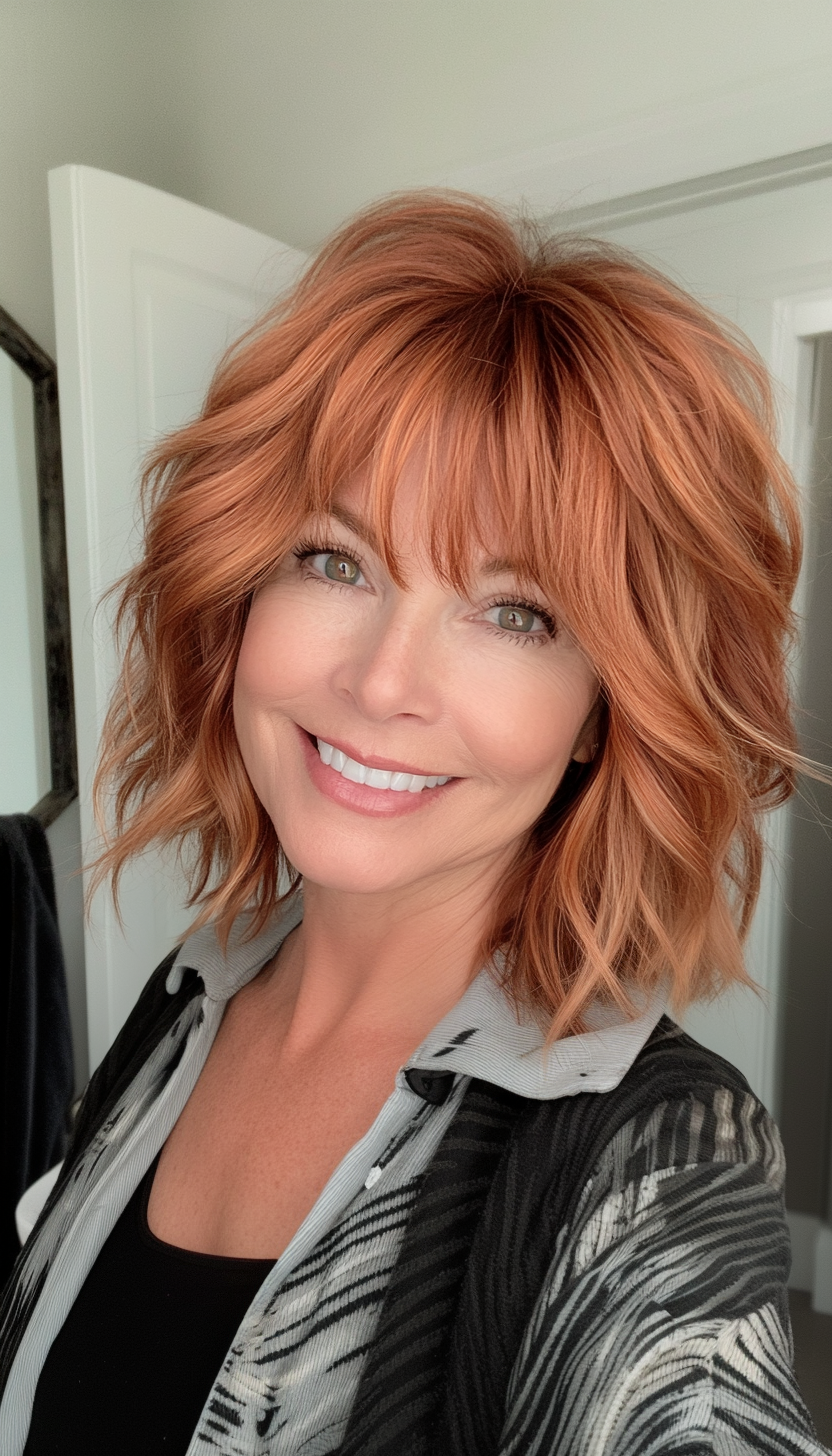 21. Soft Copper Shag with Shaggy Bangs (Short Shag Haircuts With Bangs For Older Women) - Short Shag Haircuts With Bangs For Older Women
