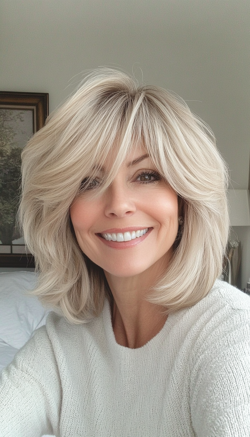 22. Medium Blonde Shag with Layered Crown (Short Shag Haircuts With Bangs For Older Women) - Short Shag Haircuts With Bangs For Older Women