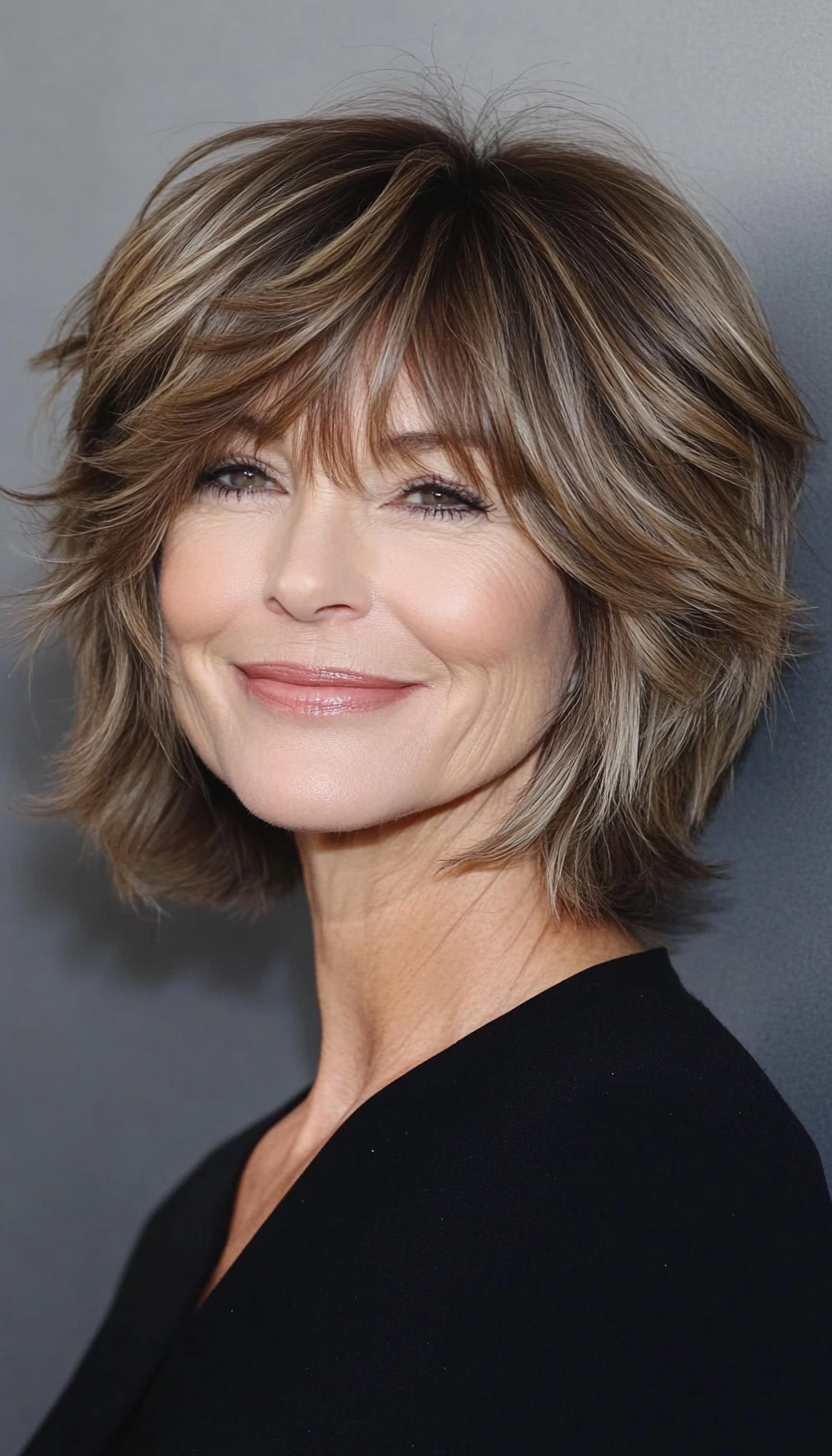 23. Sandy Brown Shag with Side-Parted Bangs (Short Shag Haircuts With Bangs For Older Women) - Short Shag Haircuts With Bangs For Older Women