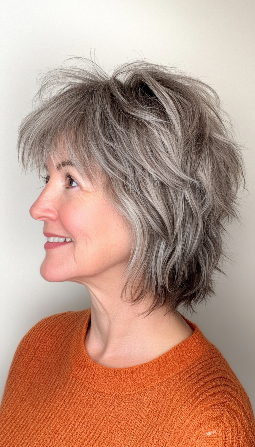 25. Salt-and-Pepper Shag with Textured Fringe (Short Shag Haircuts With Bangs For Older Women) - Short Shag Haircuts With Bangs For Older Women