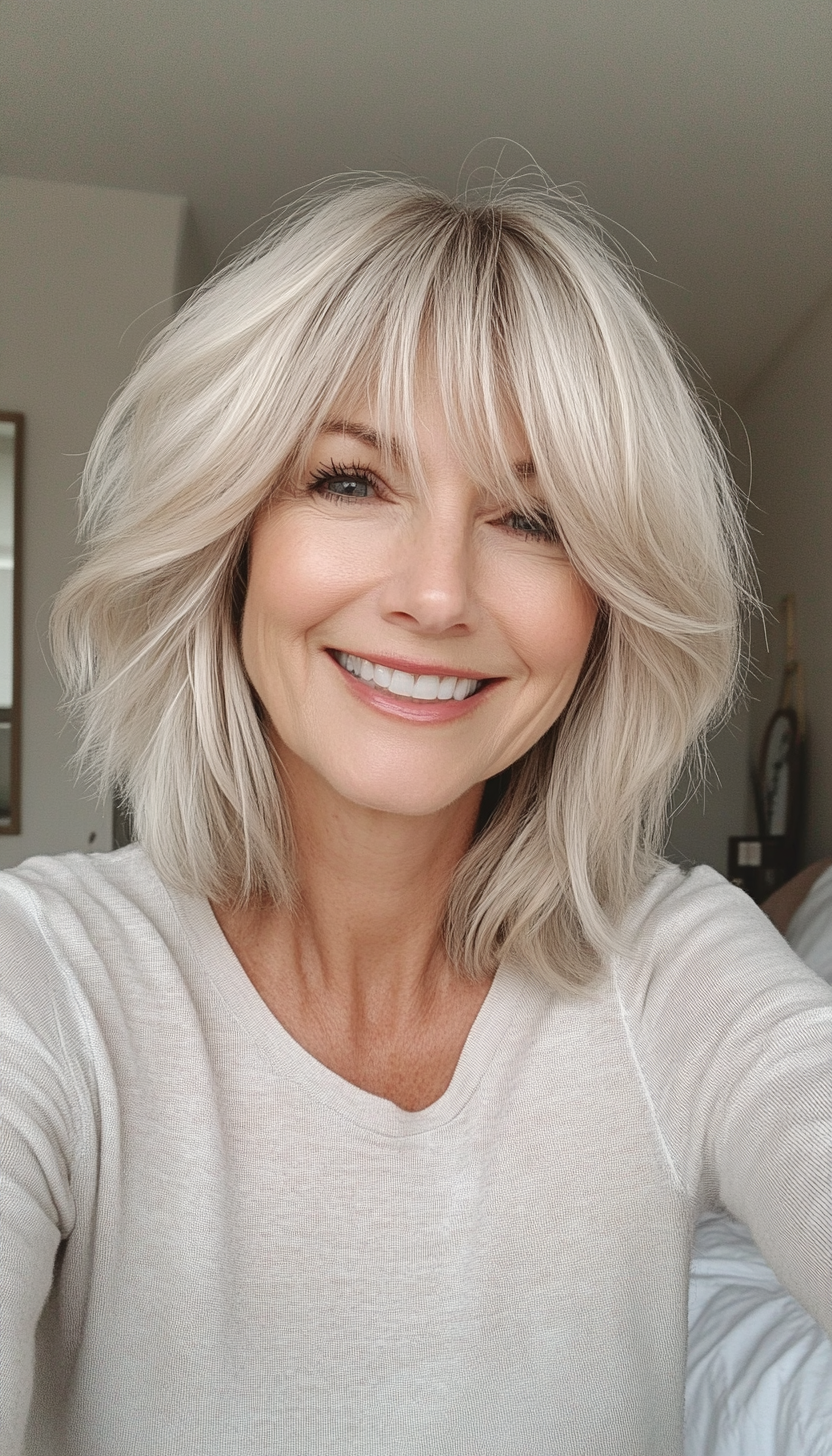 26. Pale Blonde Shag with Soft Side Bangs (Short Shag Haircuts With Bangs For Older Women) - Short Shag Haircuts With Bangs For Older Women