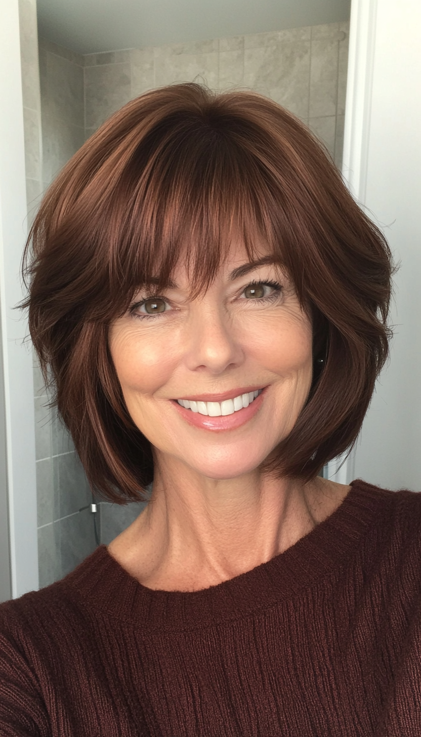 27. Mahogany Brown Shag with Flicked-Out Layers (Short Shag Haircuts With Bangs For Older Women) - Short Shag Haircuts With Bangs For Older Women