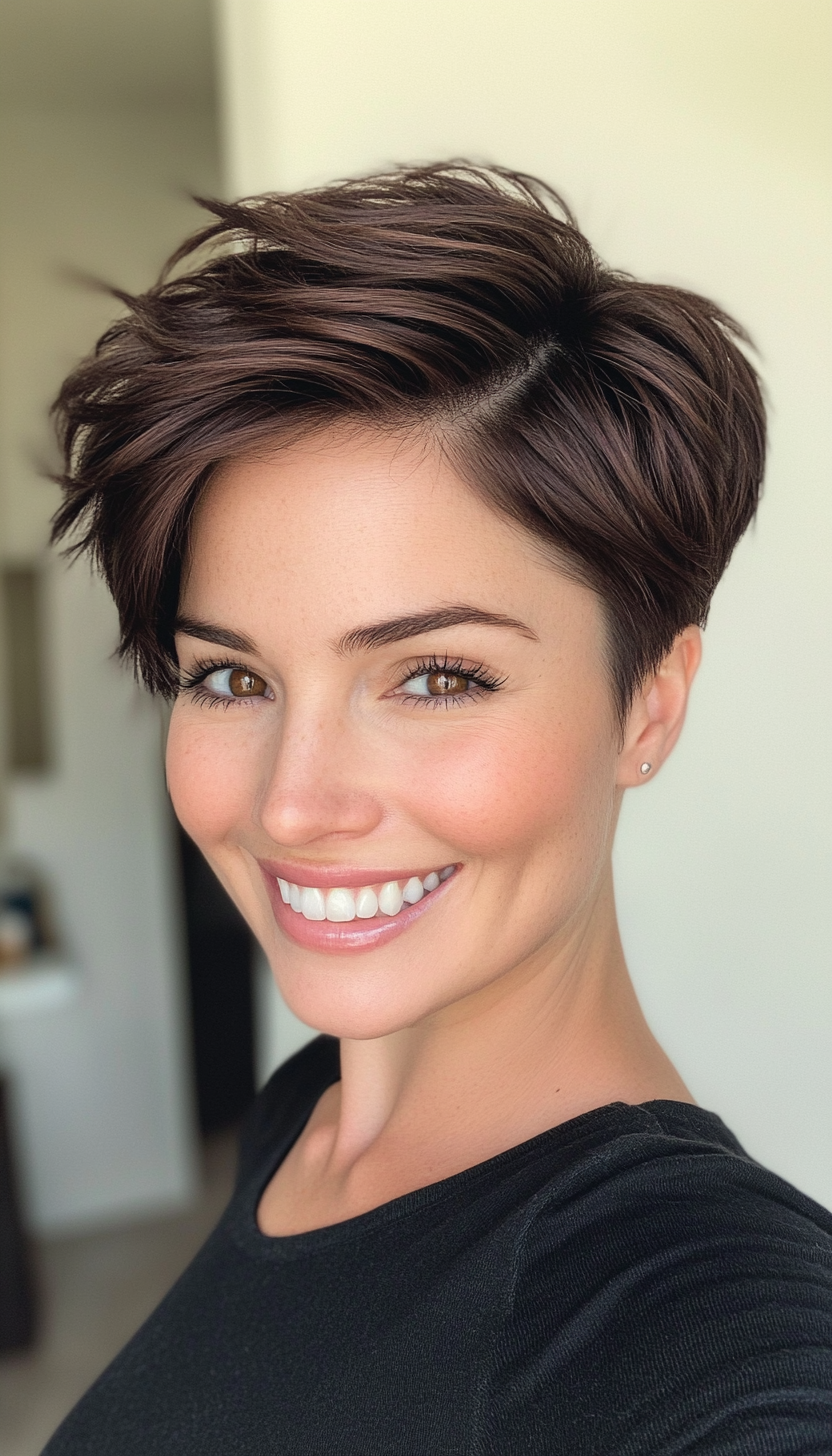 12. Dark Chocolate Voluminous Pixie (Short Pixie Haircuts) - Short Pixie Haircuts