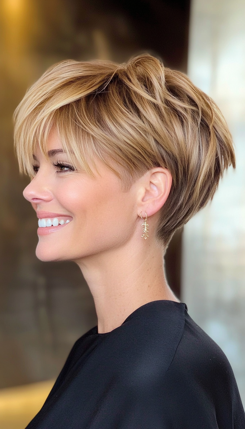 16. Golden Honey Pixie with Bangs (Short Pixie Haircuts) - Short Pixie Haircuts