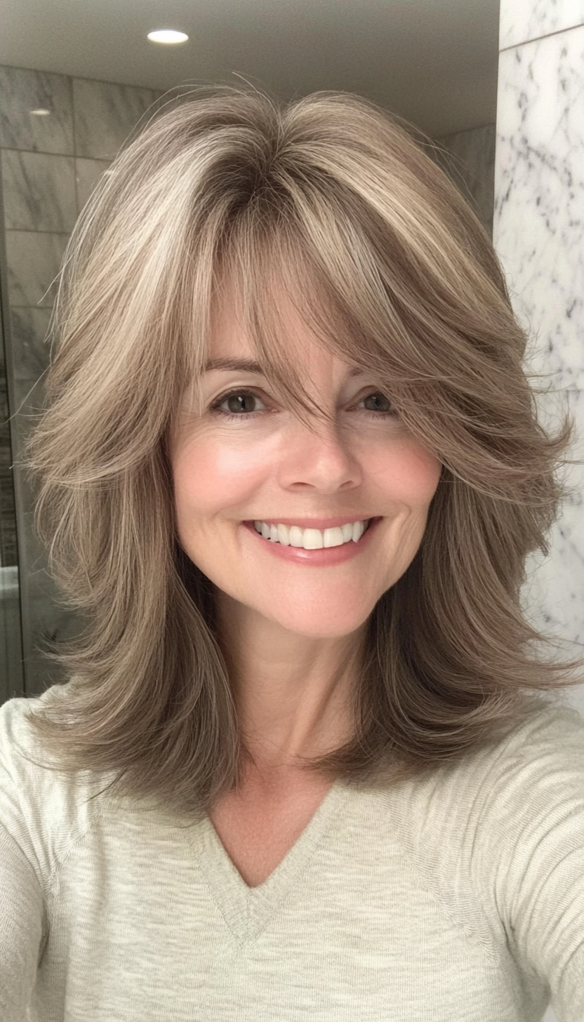1. Soft Ash Brown Shag with Curtain Bangs (Shaggy Hairstyles For Older Women) - Shaggy Hairstyles For Older Women