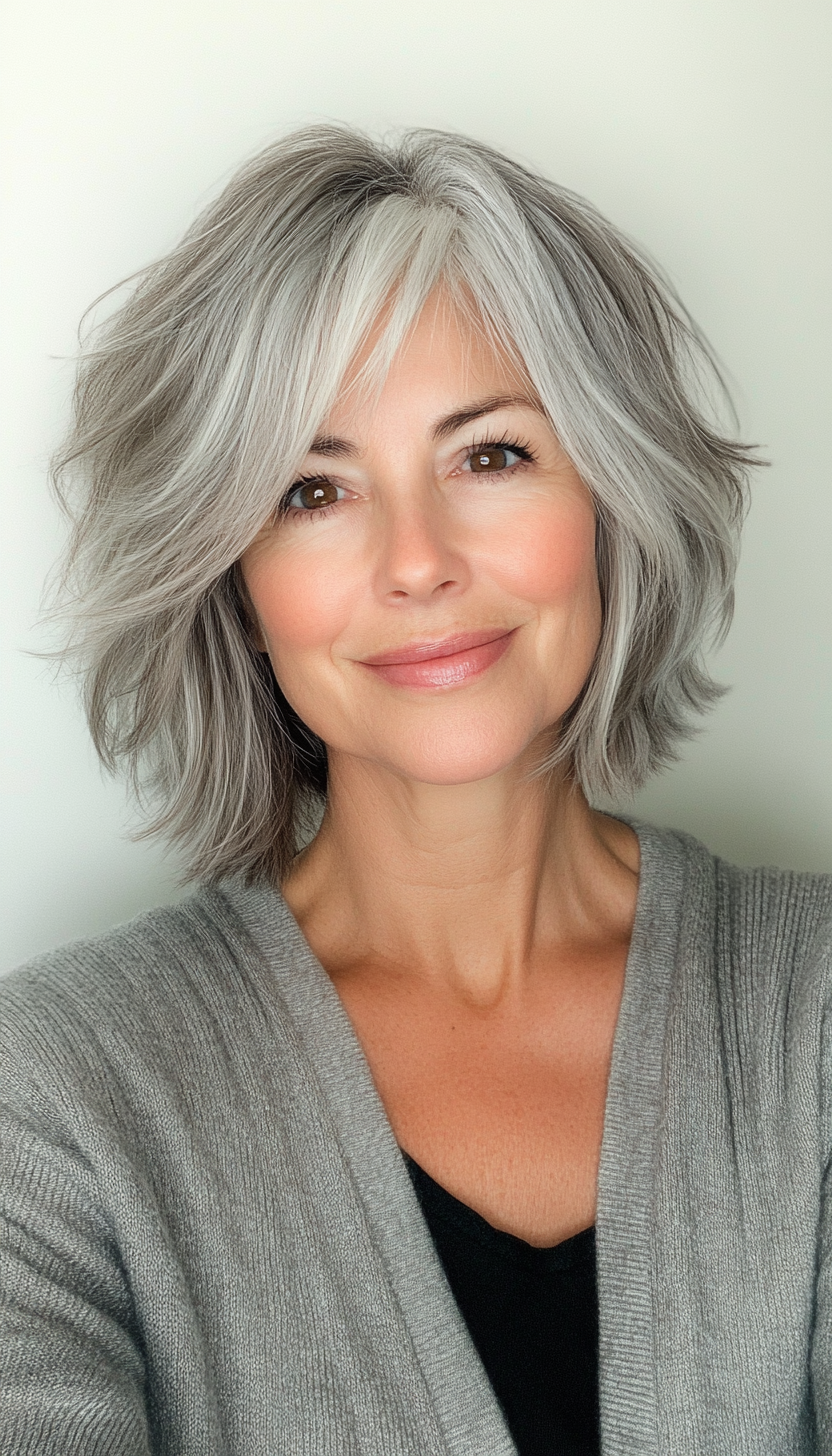 5. Soft Silver Shag with Side-Swept Bangs (Shaggy Hairstyles For Older Women) - Shaggy Hairstyles For Older Women