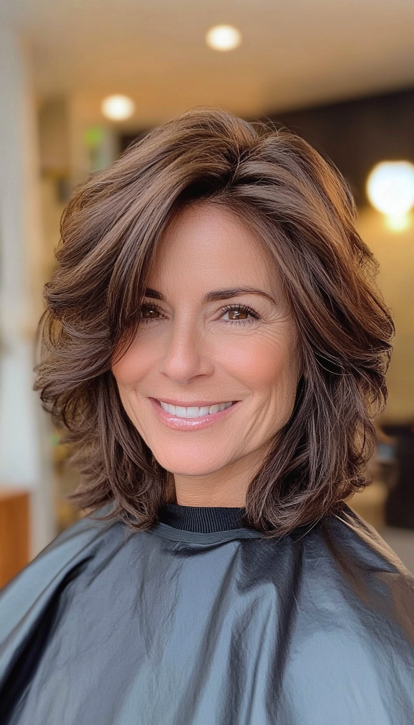 6. Dark Chocolate Shag with Volume Layers (Shaggy Hairstyles For Older Women) - Shaggy Hairstyles For Older Women