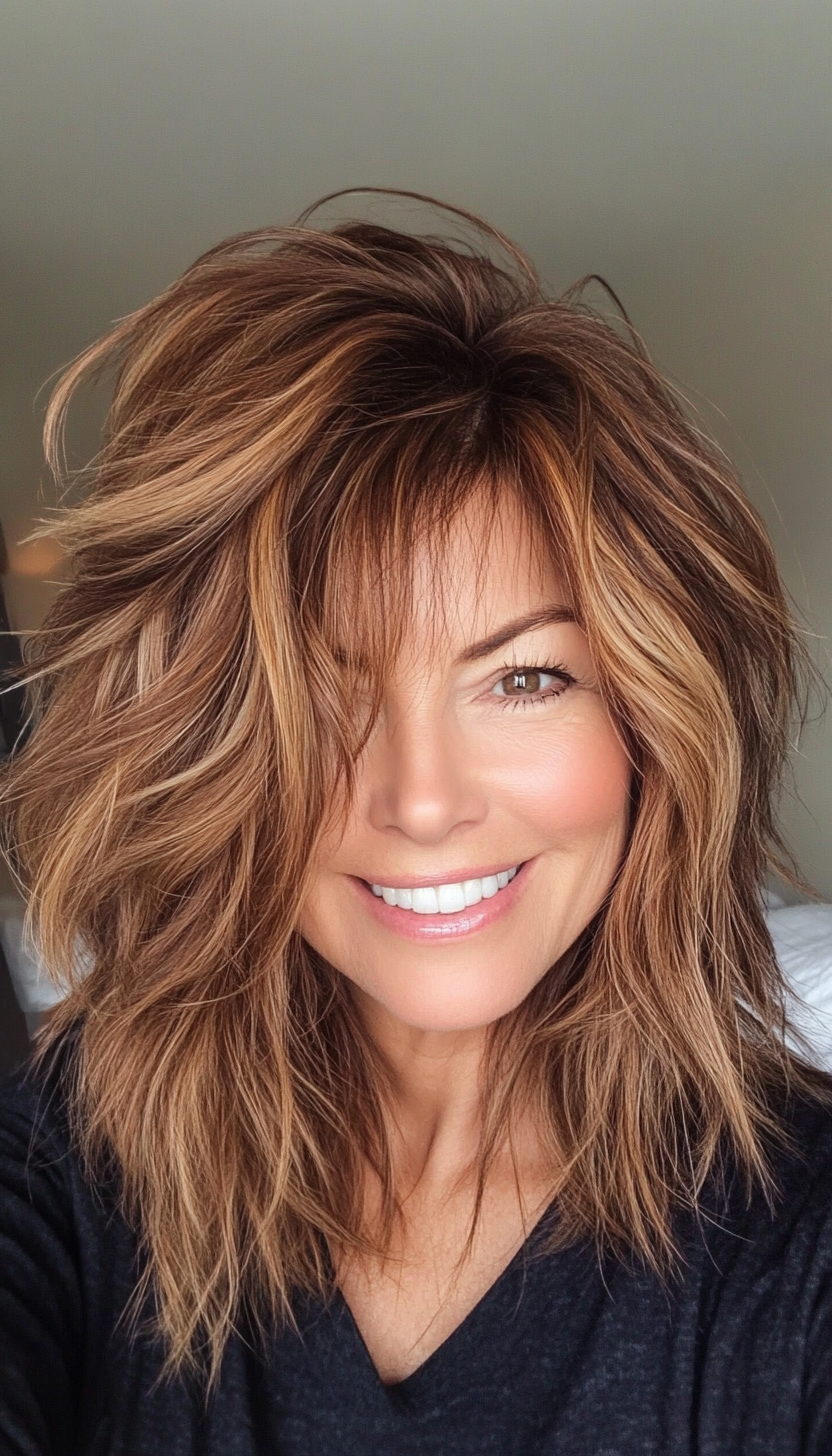 11. Soft Caramel Shag with Feathered Ends (Shaggy Hairstyles For Older Women) - Shaggy Hairstyles For Older Women