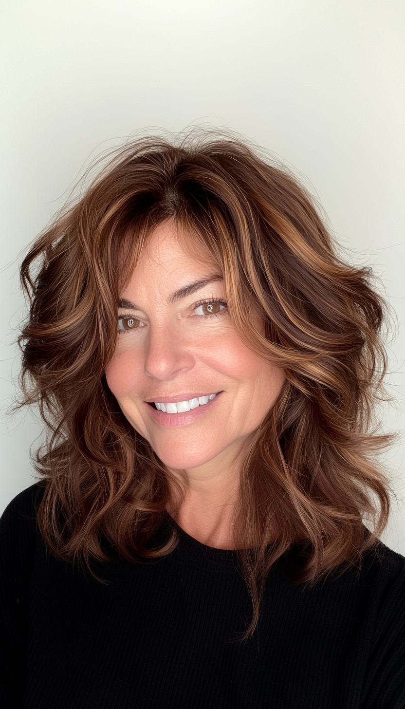 19. Warm Chestnut Wavy Shag (Shaggy Hairstyles For Older Women) - Shaggy Hairstyles For Older Women