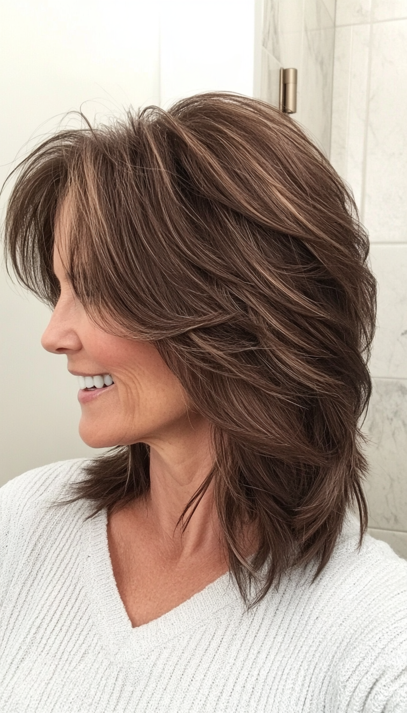 23. Cool Mocha Shag with Shattered Layers (Shaggy Hairstyles For Older Women) - Shaggy Hairstyles For Older Women