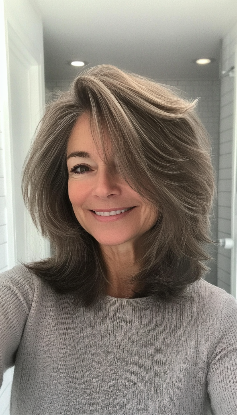 27. Ash Brown Shaggy Lob with Layers (Shaggy Hairstyles For Older Women) - Shaggy Hairstyles For Older Women