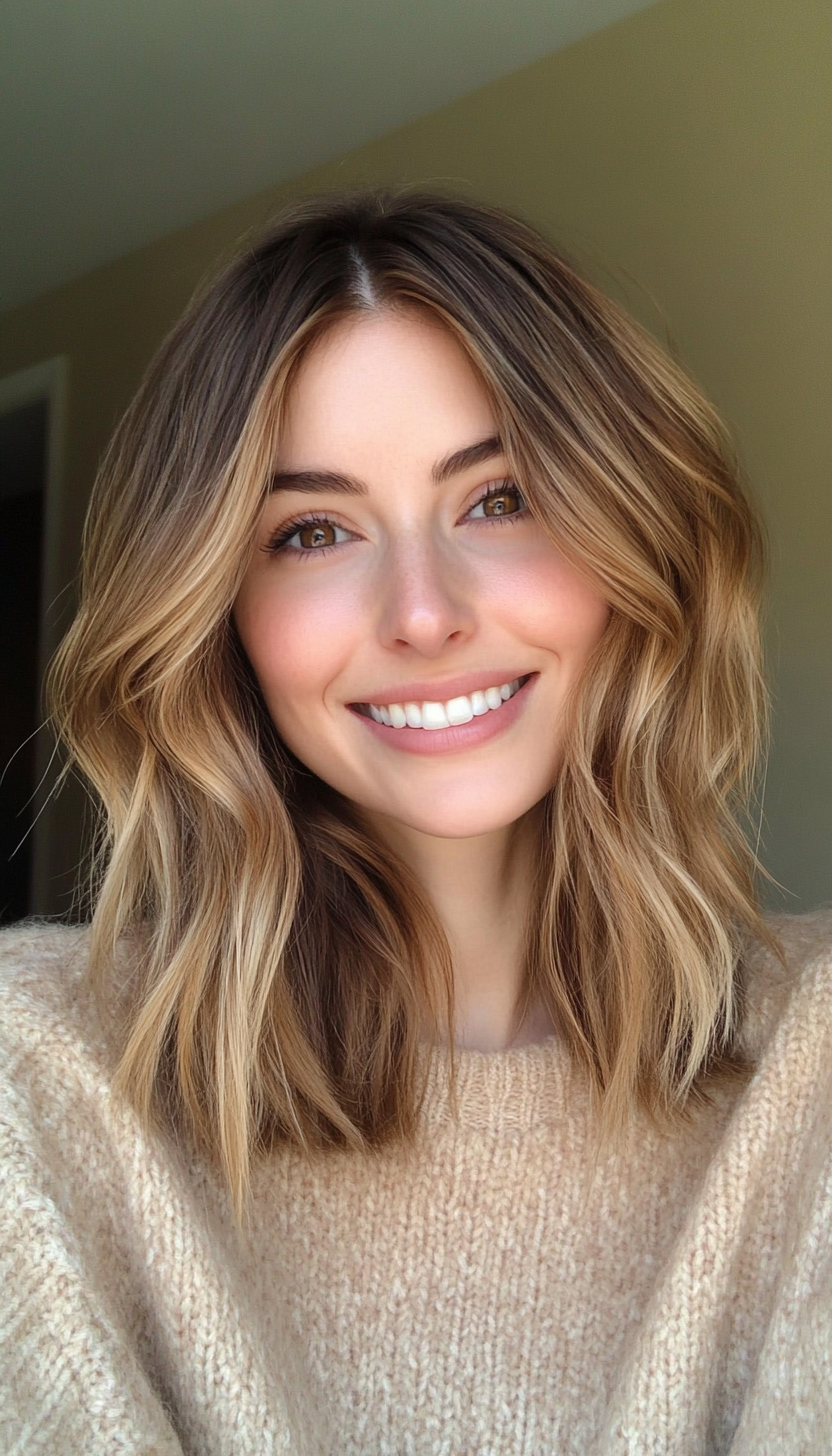 8. Tousled Lob in Caramel Highlights (Spring Hairstyles) - Spring Hairstyles