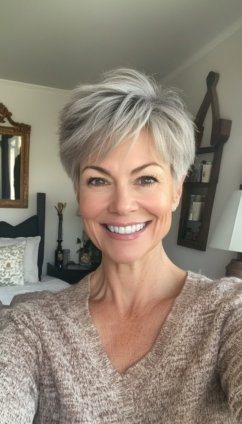 2. Layered Pixie in Salt and Pepper (Hairstyles For Older Women With Fine Hair) - Hairstyles For Older Women With Fine Hair