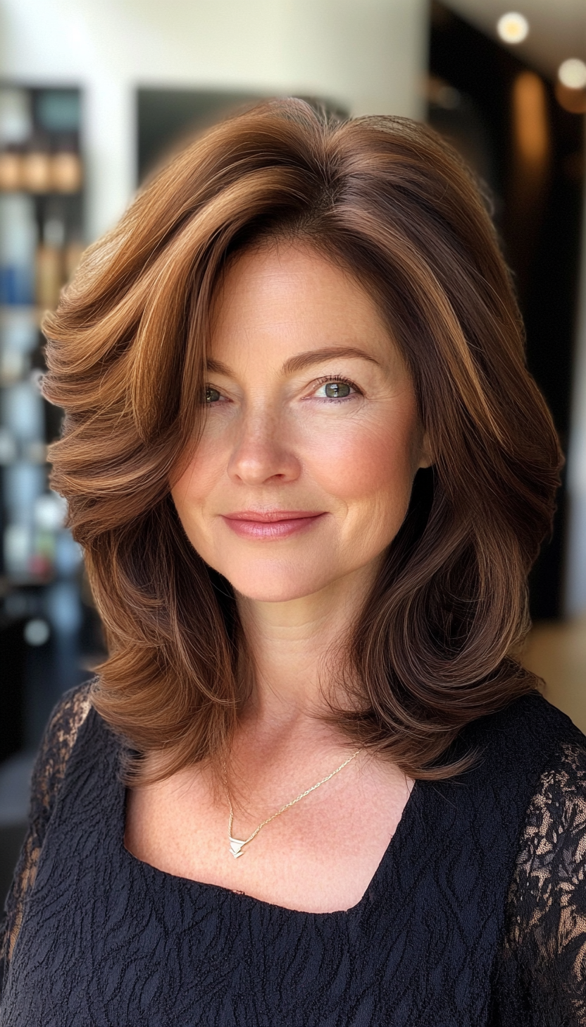 3. Feathered Lob in Dark Chestnut (Hairstyles For Older Women With Fine Hair) - Hairstyles For Older Women With Fine Hair