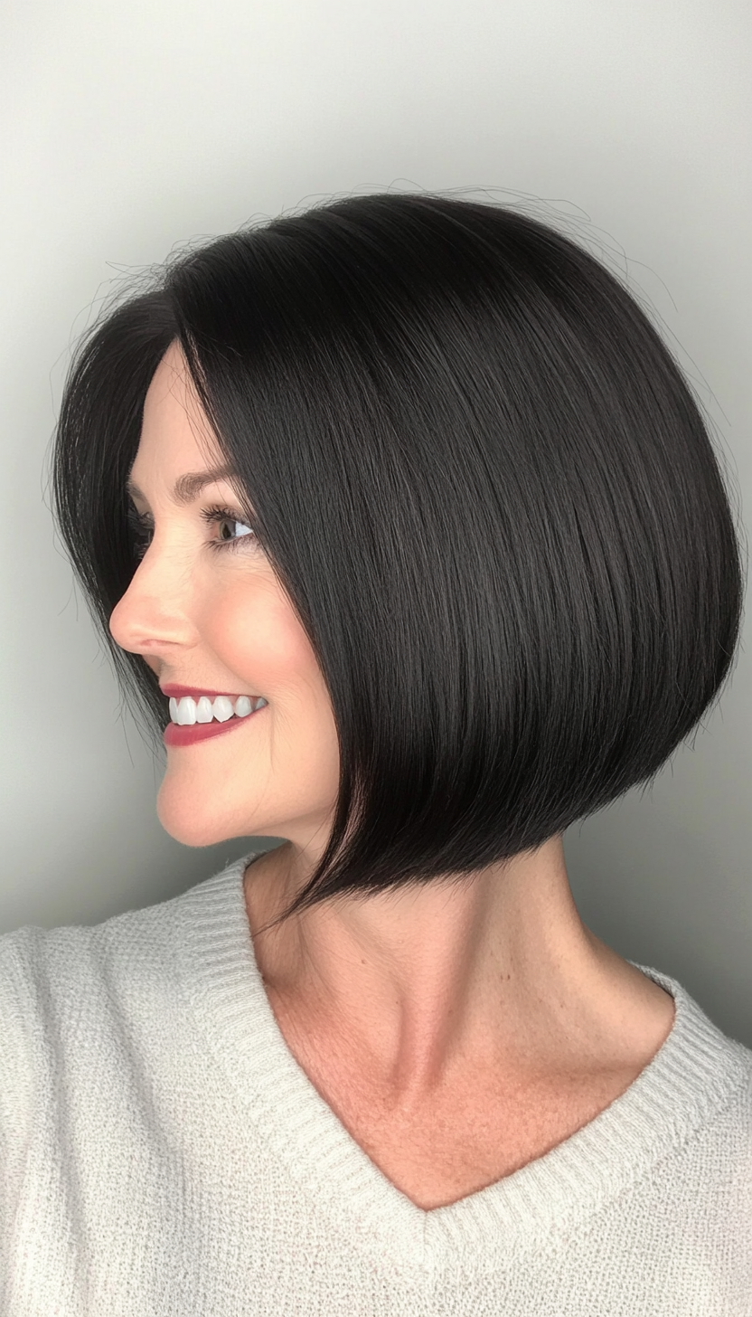 7. Blunt Cut Bob in Jet Black (Hairstyles For Older Women With Fine Hair) - Hairstyles For Older Women With Fine Hair