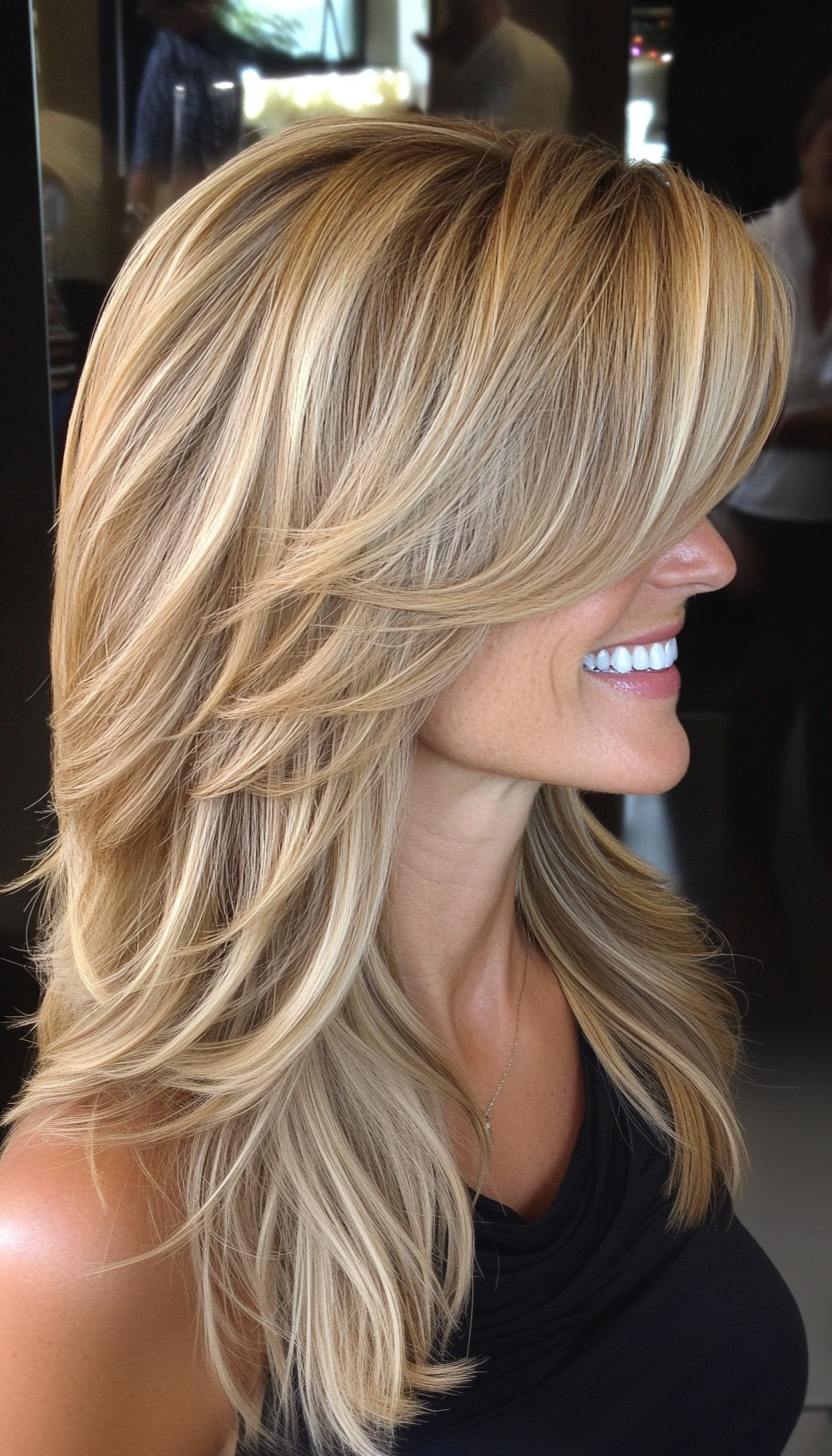 11. Side-Swept Bangs in Sandy Blonde (Hairstyles For Older Women With Fine Hair) - Hairstyles For Older Women With Fine Hair