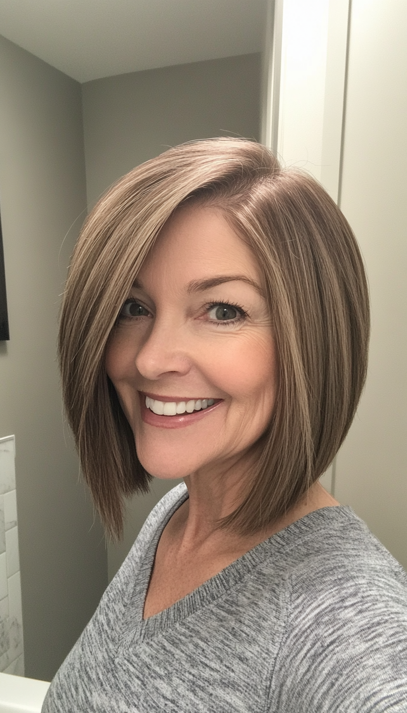 15. Asymmetrical Bob in Light Ash Brown (Hairstyles For Older Women With Fine Hair) - Hairstyles For Older Women With Fine Hair