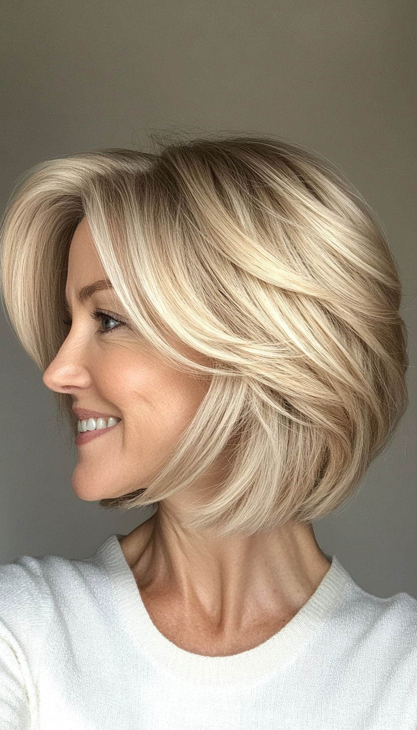 20. Stacked Bob in Ash Blonde (Hairstyles For Older Women With Fine Hair) - Hairstyles For Older Women With Fine Hair