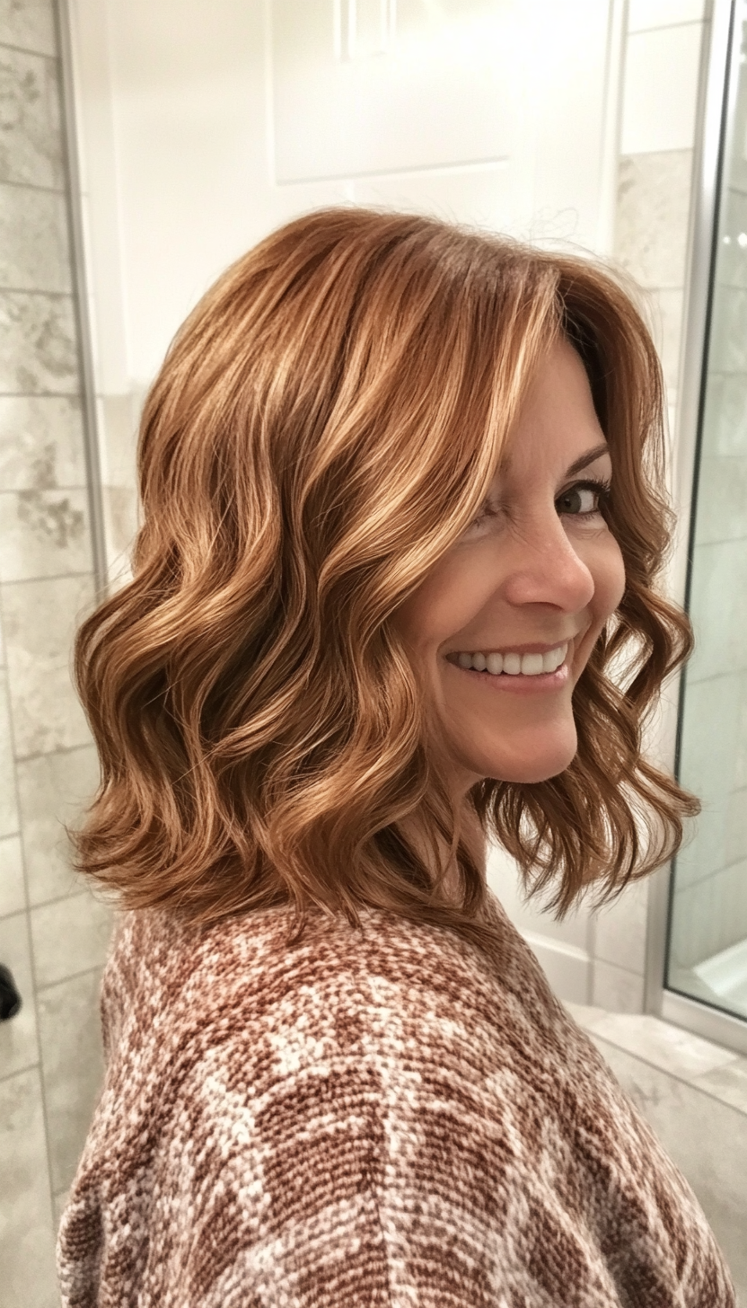 21. Wavy Lob in Warm Honey Brown (Hairstyles For Older Women With Fine Hair) - Hairstyles For Older Women With Fine Hair