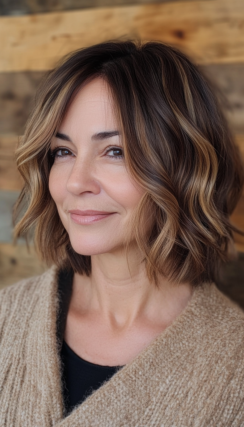 24. Textured Bob in Sun-Kissed Brown (Hairstyles For Older Women With Fine Hair) - Hairstyles For Older Women With Fine Hair