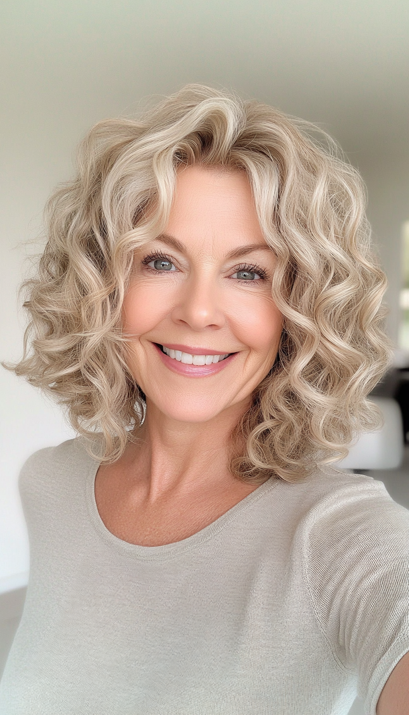 26. Curly Lob in Soft Beige Blonde (Hairstyles For Older Women With Fine Hair) - Hairstyles For Older Women With Fine Hair